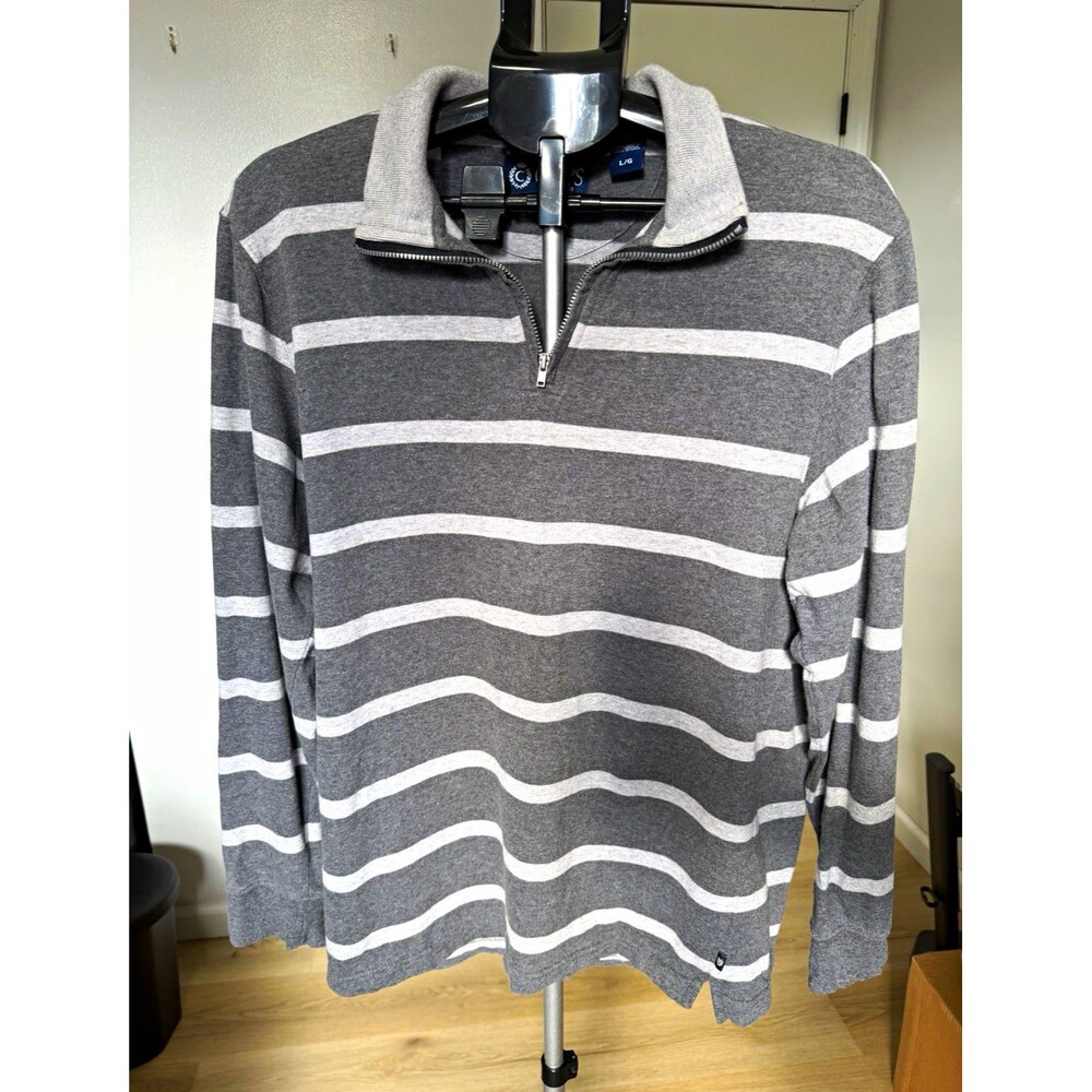 Chaps Men's Gray White Striped Mock Neck Knit 1/4 Zip Pullover Sweater L